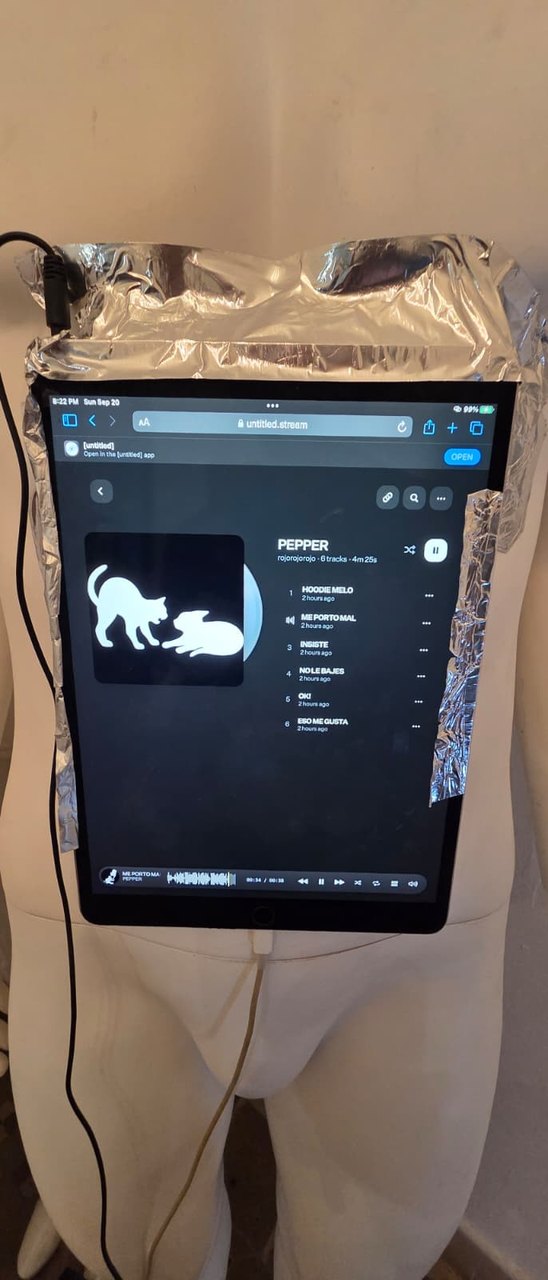 A mannequin with a foil-taped tablet showing the Pepper tracklist.